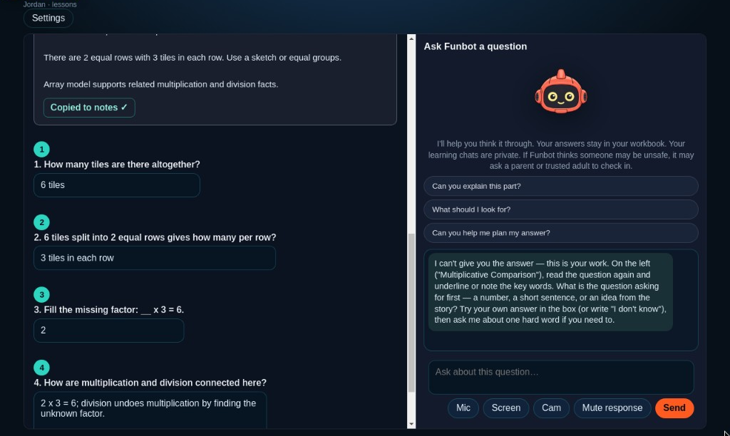 Lesson workbook beside Ask Funbot coach that refuses to give the answer